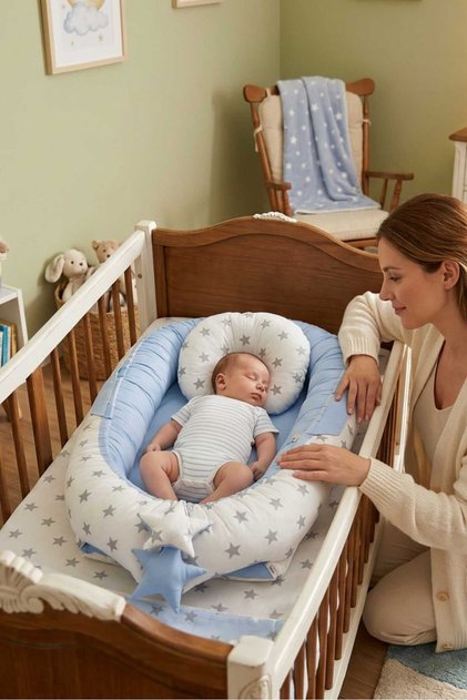 Babynest, Baby Sleeping Bed 0-2 Years - Cotton Fabric - Blue White Star