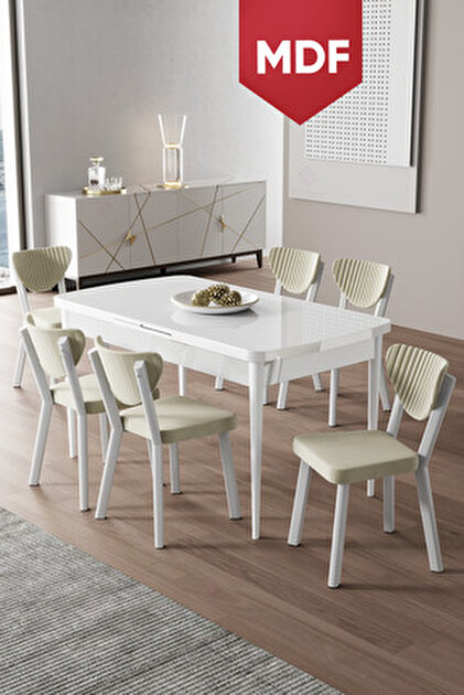 白瀬まとめセット Canisa Exve Serisi MDF 80x132 Açılabilir Beyaz Masa Takımı ve 6