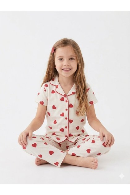 Girl's Summer Heart Patterned White Color Cotton Short Sleeve Pajama Set
