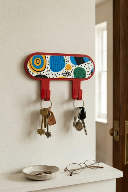 Metal 2-Hook Adhesive Patterned Key Holder Bathroom Kitchen Towel Rack Red