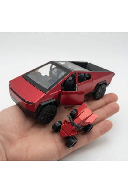 12 cm Metal Tesla Cybertruck Toy Car – Pull and Drop Feature, Doors Open, Mini Car with Atv