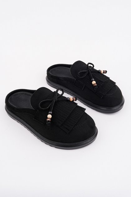 Fri̇nge Suede Leather Bow Detailed Casual Comfortable Closed-Front Women's Tassel Loafer Slippers