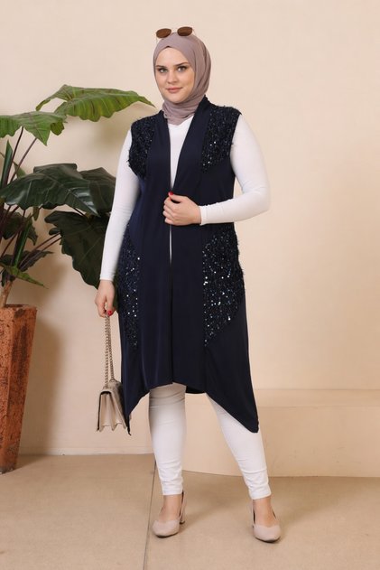 Plus Size Sequin Detailed Long Vest | Lycra Comfortable Cut Hijab Vest