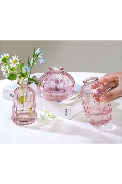 Füme Pembe ve Yeşil Cam Vazo Seti 3’lü & Dekoratif Vazo Seti