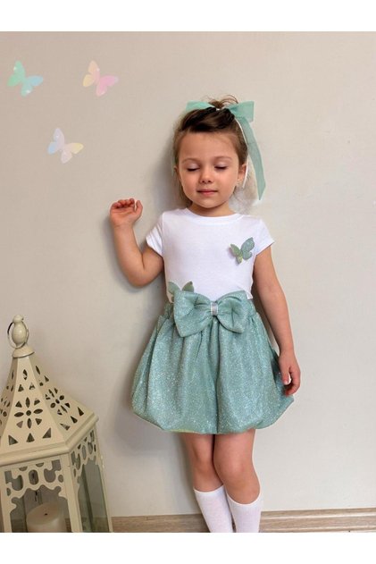 Girl's Festive Summer Outfit with Stylish Bow Detail and Glittery Balloon Skirt