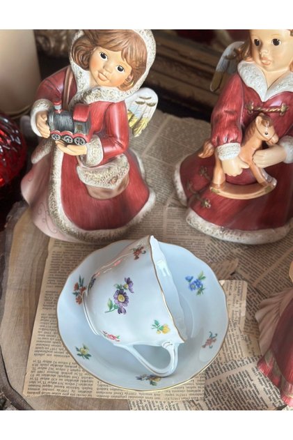 Antika Alman Damgalı Balina Kulp Renkli Çiçekli Maria Mirabell Porselen Çay Fincanı
