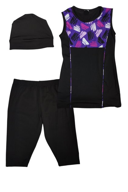 Black Girls' Semi-Closed Swimsuit Set with Tights Children's Swimsuit 3 Pieces (Cap + Tunic + Tights)