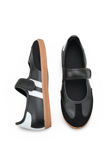 Black and White Sports Ballerina Velcro Flat Sole Retro Sneaker Women's Shoes
