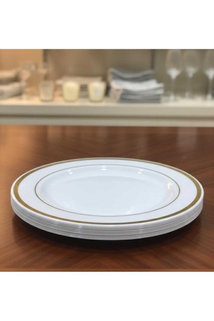 7.5" Disposable Plastic Plates – Golden Round Border, Set of 10