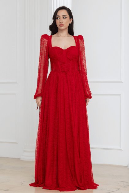 Bale Detailed Long Lace Evening Dress - Red