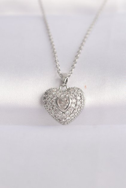 316L Steel Chain Silver Color Zircon Stone Heart Necklace