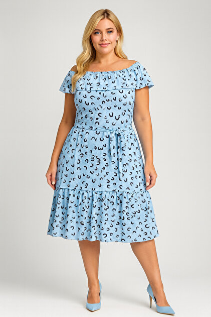 Women's Blue Patterned Madonna Collar Dress