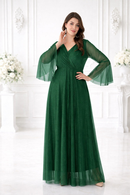 IILTI Women's Double Breasted Collar Long Tulle Sleeves Chiffon Glitter  Elegant Cut Green Evening Dress- Trendyol