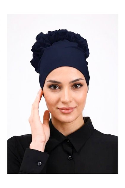 Ruffled Seamless Combed Cotton Bonnet Navy Blue - Women's Hijab Tie Bun Inner Bonnet