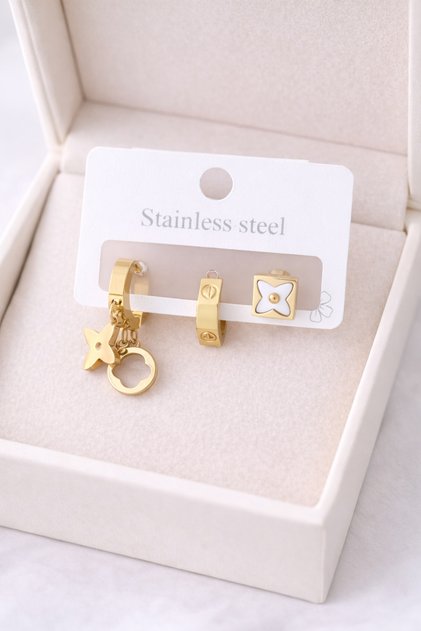Gold Color 3-Piece Steel Earring Set Model 5 – Clover Figured, Non-Tarnish, Rust-Resistant, Minimal & Stylish Women's Earrings