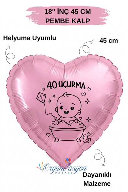 18 Inch Pink Heart Foil Balloon | 40 Uçurma | Kite Figured | 40 Days Party | Baby Shower