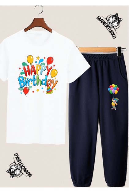 Happy Birthday Special Design White T-Shirt-Dark Blue Sweatpants Combination