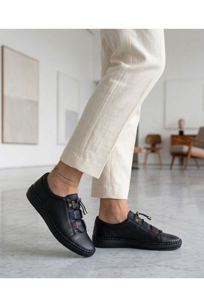 Black Genuine Leather Women's Comfortable Orthopedic Casual Shoes