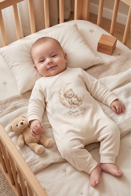 Baby Boy/Girl Jumpsuit Without Booties Teddy Bear Printed Snap Fastener Ecru Bodysuit Jumpsuit 5963