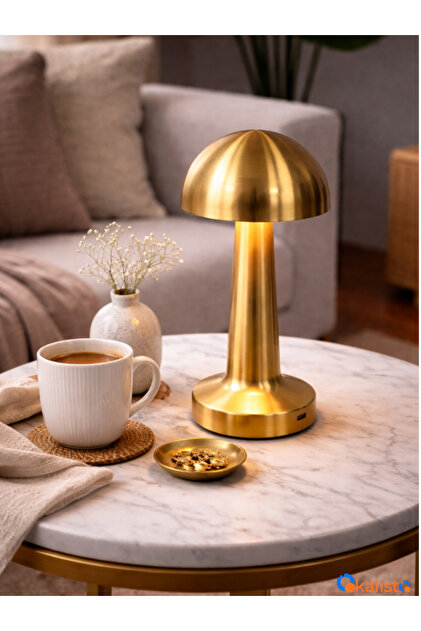 Premium metal gövde Gold Renk Mantar Masa Lambası Kablosuz Ledli 3renk Dokunmatik Şarjlı