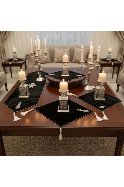 Living Room Set Runner Set Black Velvet Color 4 Piece Seamless Dowry Products