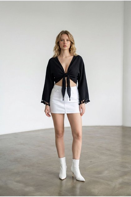 Linen Tied Fringed Crop Shirt