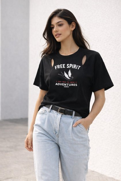 Women's Black Printed Oversize T-Shirt with Off-The-Shoulder Cut, Comfortable Cut, Casual T-Shirt