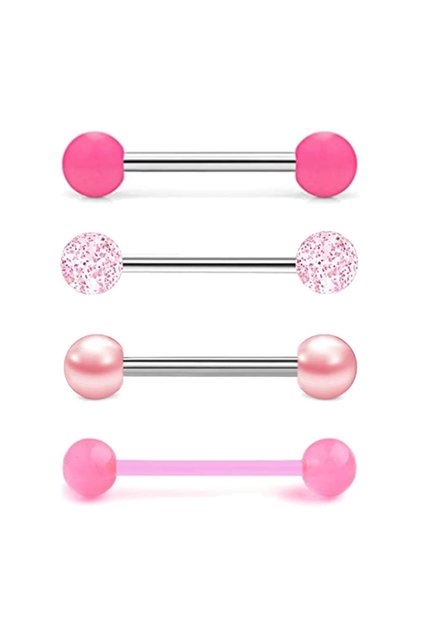 4pcs Set 1PCS-4PCS Stainless Steel 14G Tongue Rings Barbell Pink Tongue Barbell Jewelry for Women Pi