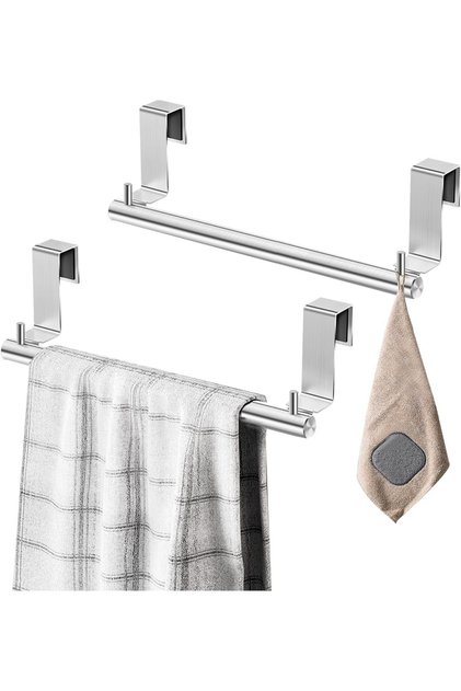 Set de 2 suporturi suspendate pentru prosoape, metalice, argintii, 35 x 6,5 cm