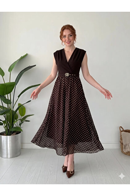 Moda Palmiss Women's Bitter Brown Polka Dot Belted Double Breasted Collar Chiffon  Midi Dress- Trendyol