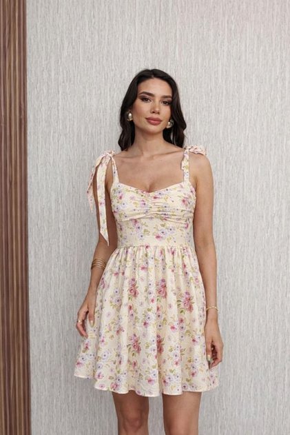 Sarı Çiçek Desenli Askılı Mini Elbise Bağlama Detaylı Yazlık