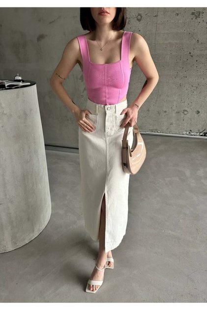 Women's White High Waist Slit Midi Skirt