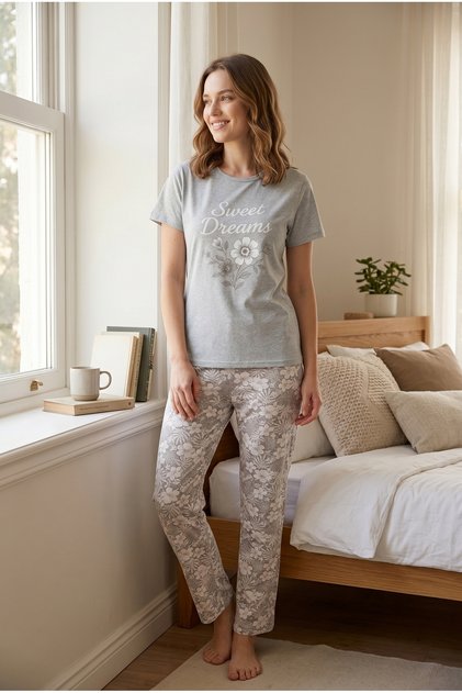 Women's Short Sleeve Pajama Set Gray Sweet Dreams Floral Pants Home Wear Set