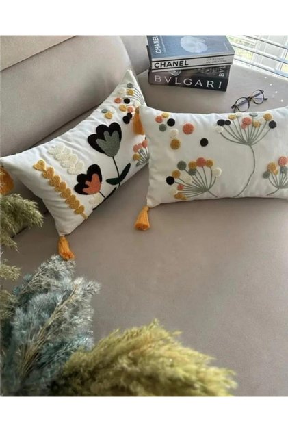 (2 Pcs) Punch Embroidered Cushion Cover with Tassels 43X43Cm