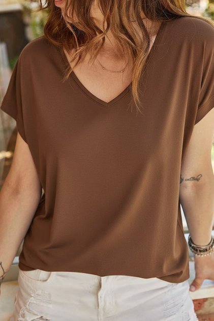 Women's Brown V-Neck Short Sleeve T-Shirt