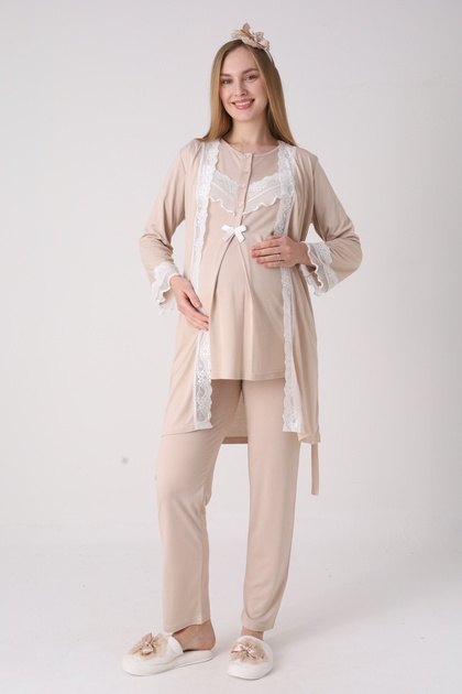 Maternity Pajama Dressing Gown Set Lace Ruffled Buttoned Breastfeeding Cotton 3-Piece Maternity Set