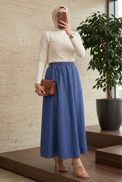 Lastik Bel Cepli Denim Etek - İndigo