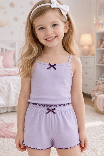 Girl's Cotton Bowknot Strap Shorts Pajama Set