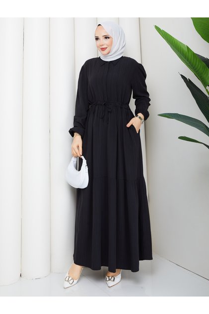 Rochie de damă, nou sezon, croială lejeră, cu nasturi ascunși, mâneci elastice, talie elastică și șireturi