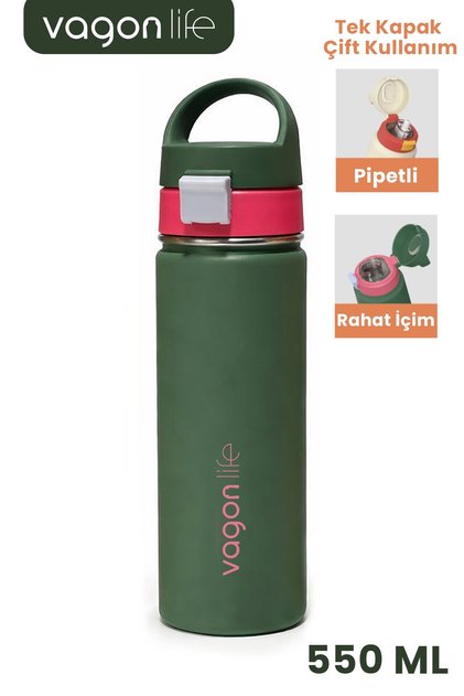 550 ML Tek Kapak Çift Kullanım Pipetli Rahat İçim Kulplu Paslanmaz Çelik Termos 1110-550ML