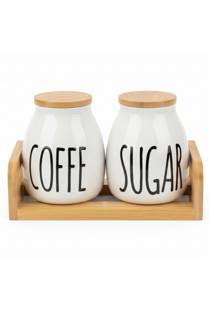 DuoStore 2-Piece White Ceramic Canister Set with Wooden Base & Lid