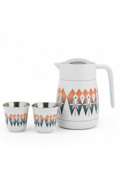 White Vacuum Flask with Palm Tree Design and 2 Cawa Cups for Traditional Coffee Serving