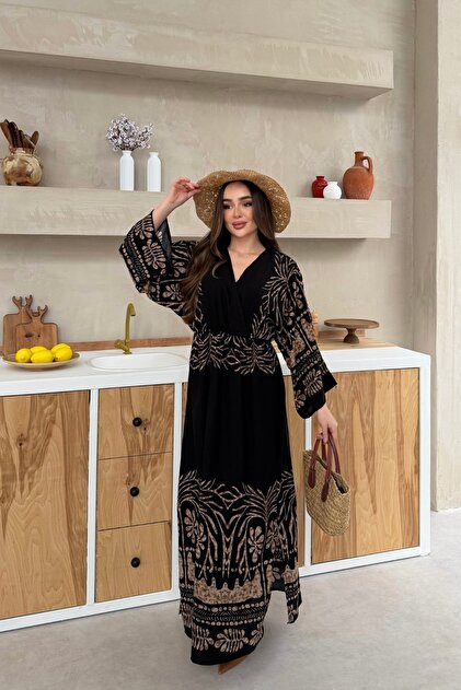 Mink Patterned Long Sleeve Dress with Slit Detail
