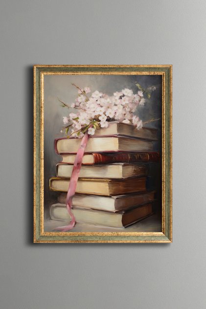 Cherry Blossoms on Books - Vintage Patterned Frame - Thin Model