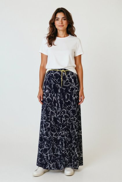 Women's Pleated Patterned Gypsy Skirt with Elastic Waist and Sleeves