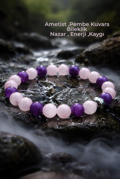 Magnificent Double Amethyst, Pink Quartz Bracelet 8 mm Genuine Natural Stone