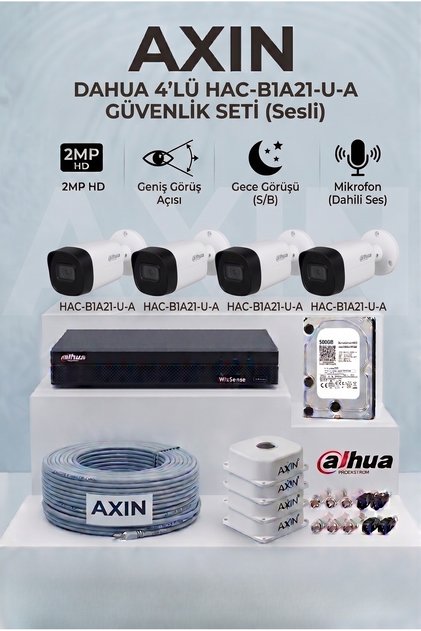 4 Kameralı Bullet Güvenlik Kamera Seti - Mikrofonlu (Sesli), 500 GB HDD, 4 Kanal XVR, Gece Görüşlü
