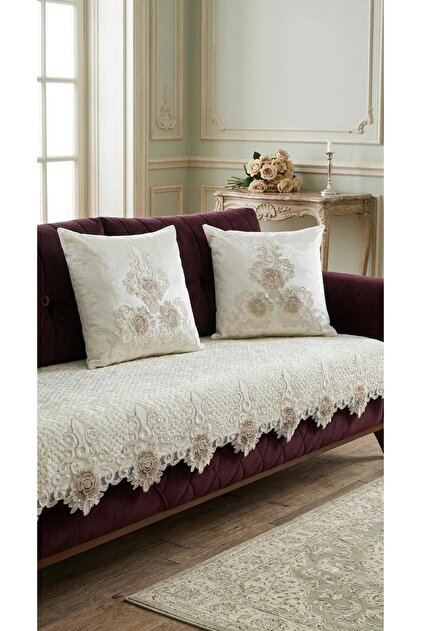 Non-Slip Base French Lace Velvet Sofa Cover Set 85X210 + 2 Velvet Lace Embroidered Throw Pillows 45X45