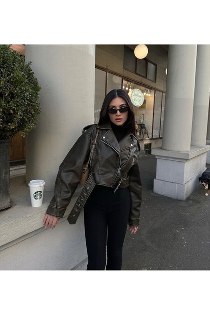 Kemerli Oversize Crop Haki Deri Ceket