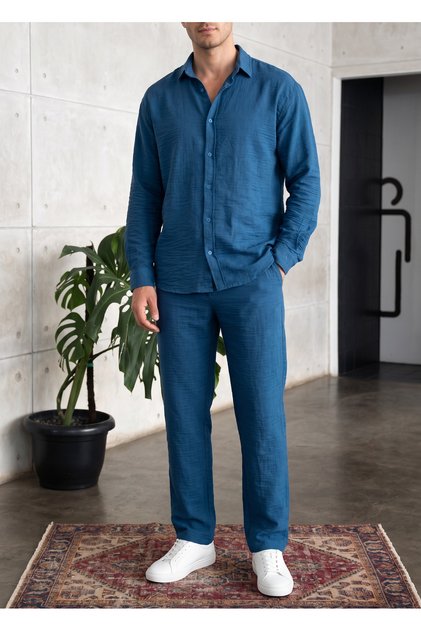 Linen Shirt and Trousers 2-Piece Set Comfortable Fit